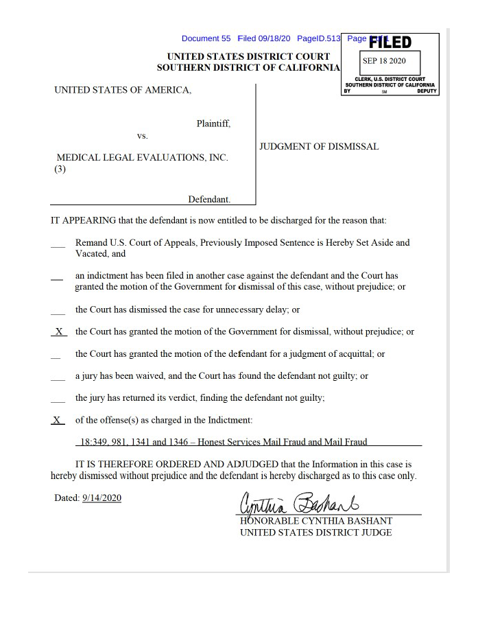 Judgement of Dismissal Medical Legal Evaluations Inc